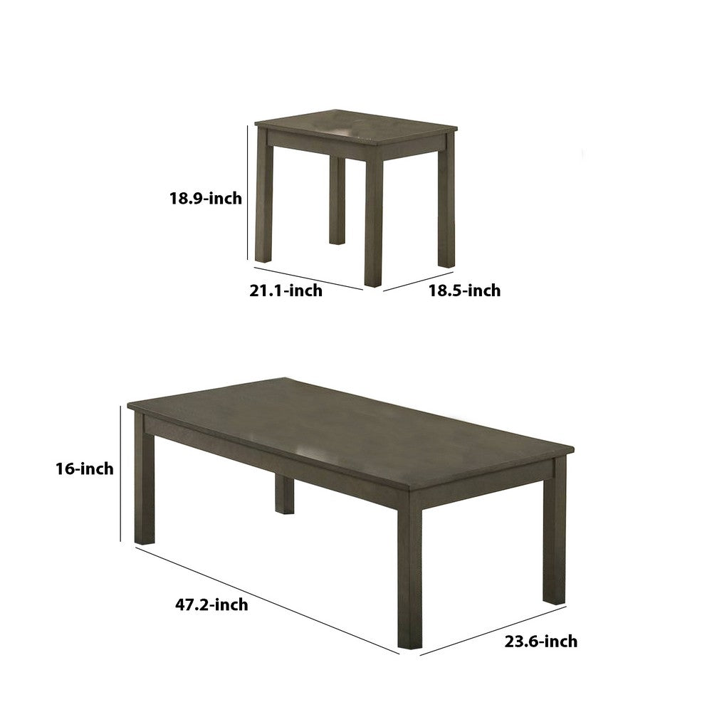 Benjara 3 Piece Transitional Coffee Table And End Table with Block Legs, Gray