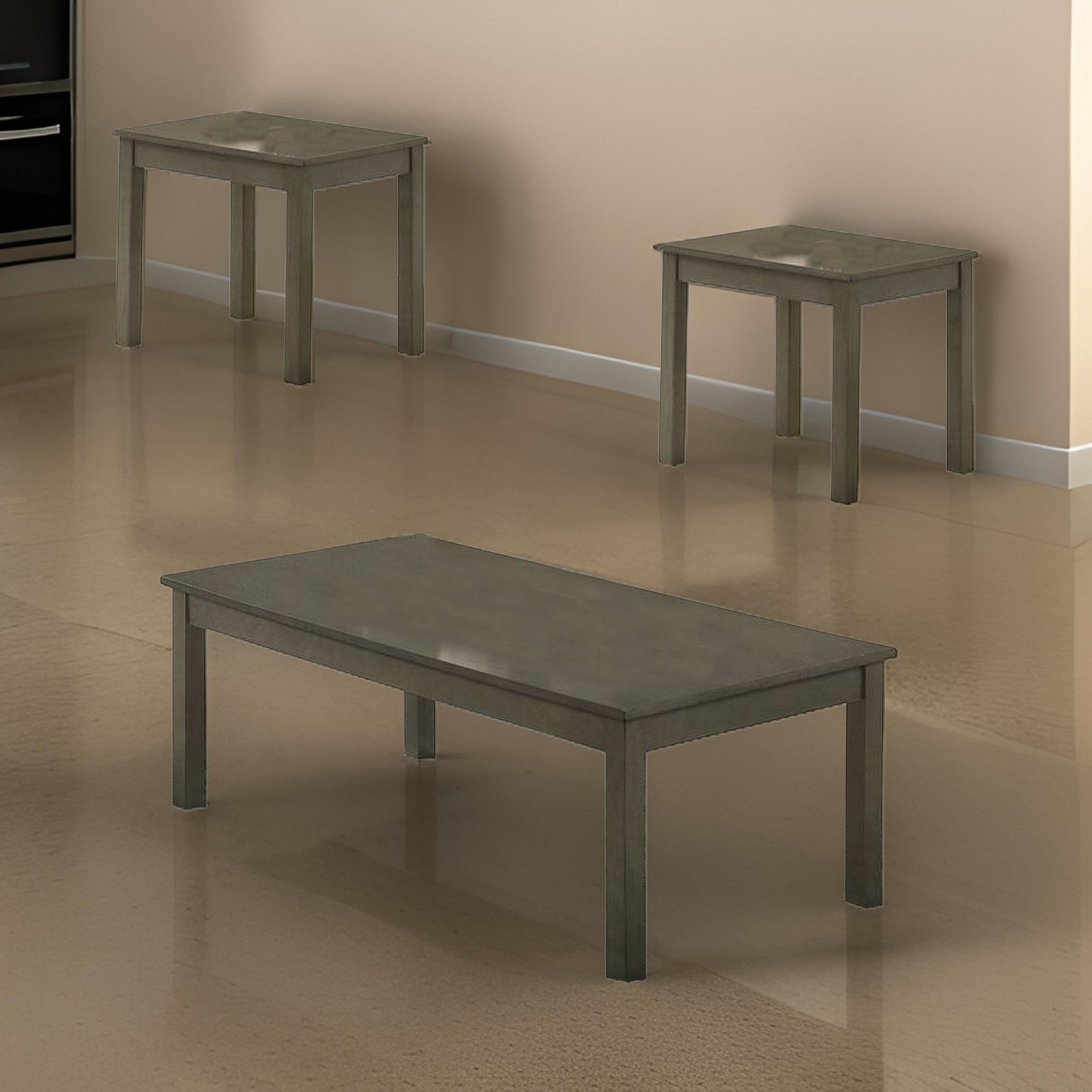 Benjara 3 Piece Transitional Coffee Table And End Table with Block Legs, Gray