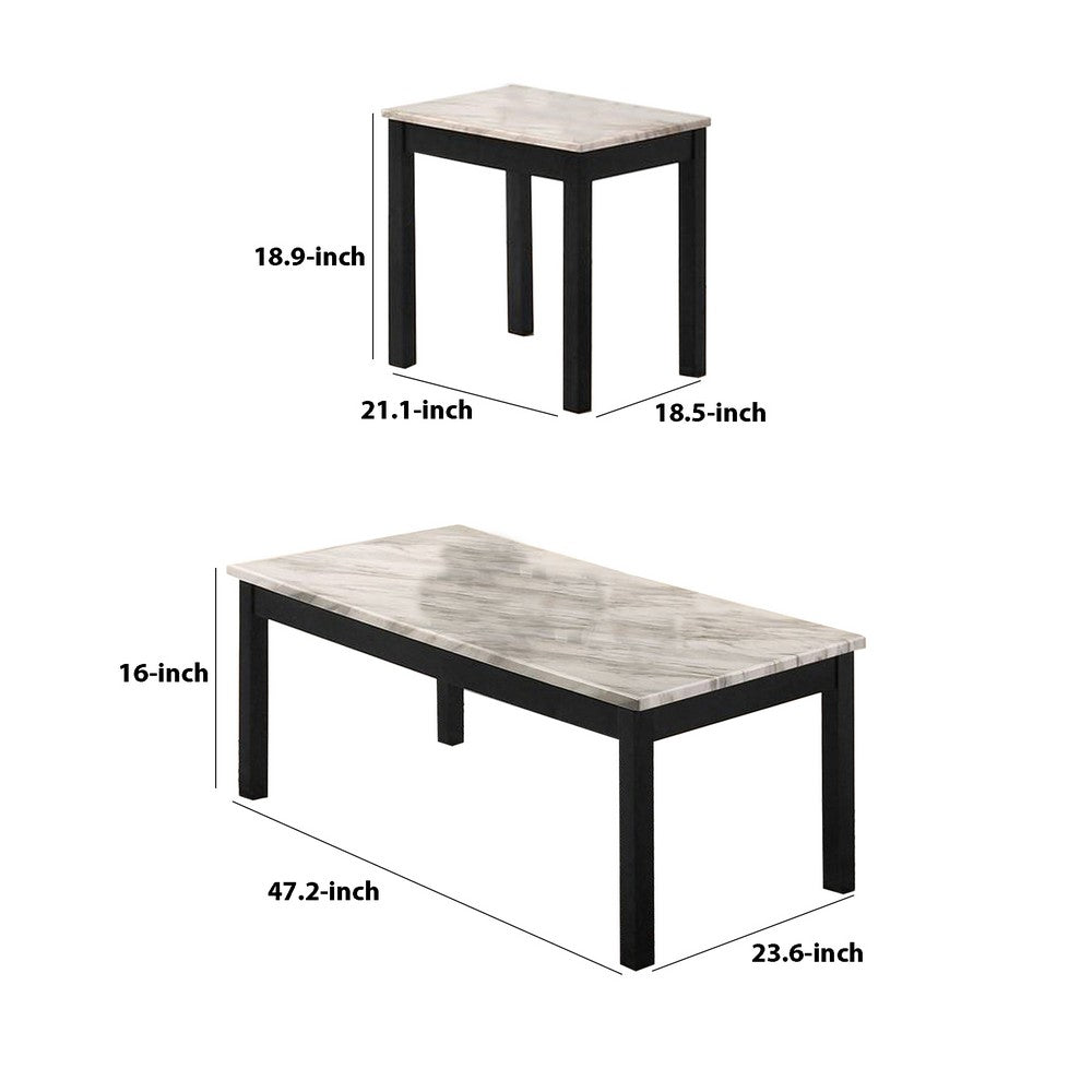Benjara 3 Piece Coffee Table And End Table with Faux Marble Top, Black And White