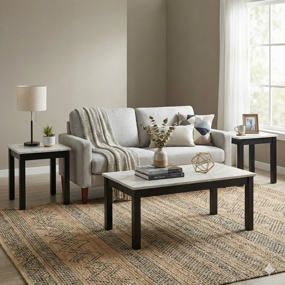 Benjara 3 Piece Coffee Table And End Table with Faux Marble Top, Black And White