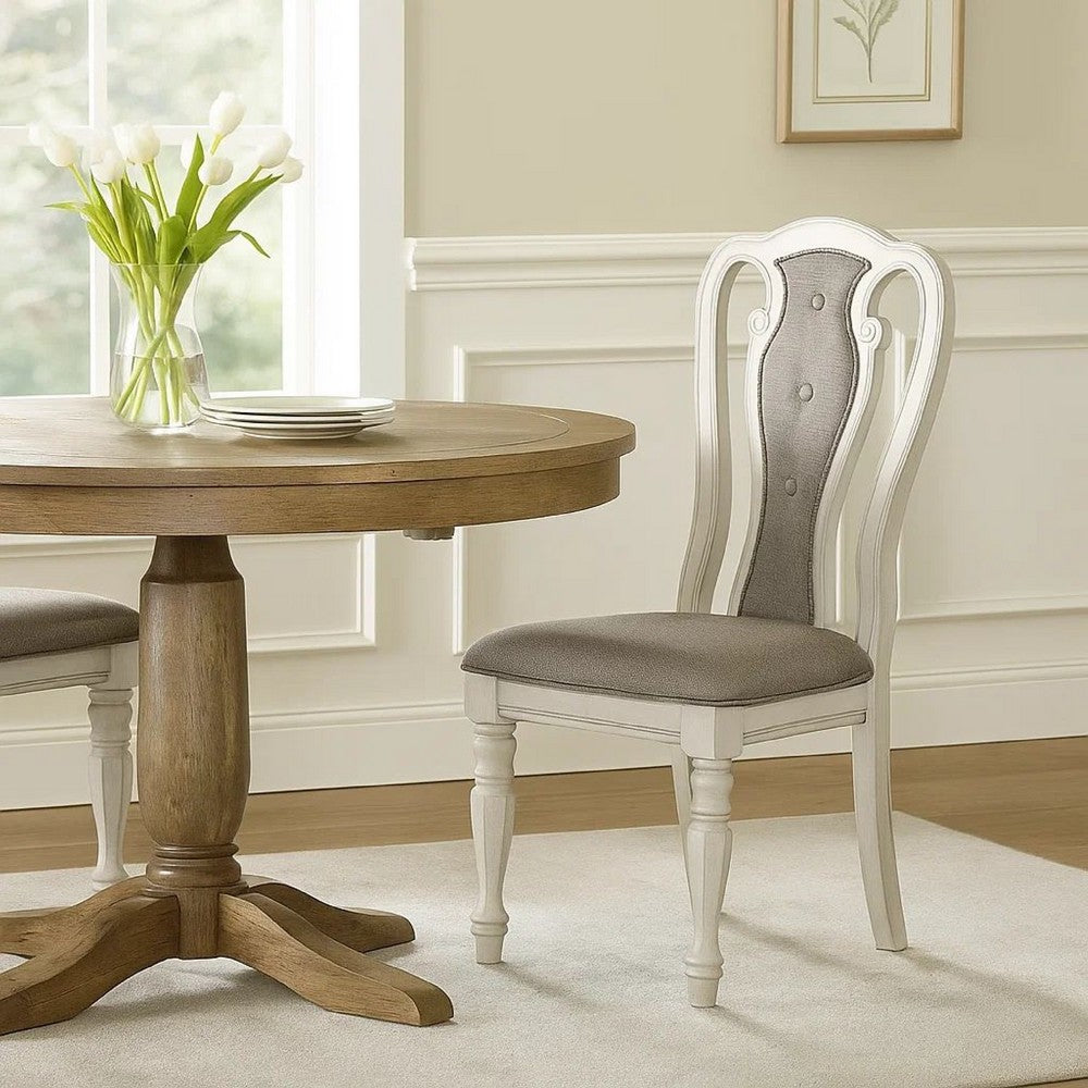 Benjara Dining Chair with Button Tufted Backrest, Padded Seat, Set of 2, White And Gray