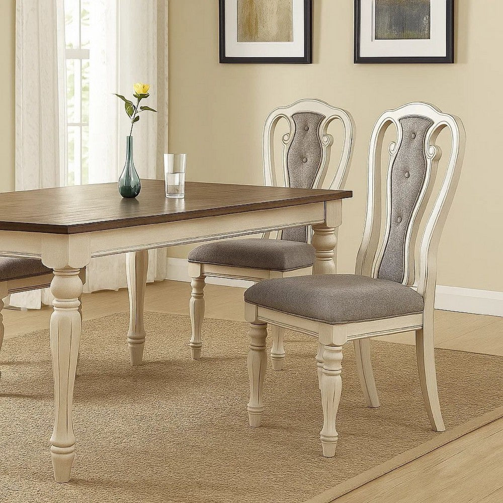 Benjara Dining Chair with Button Tufted Backrest, Padded Seat, Set of 2, White And Gray