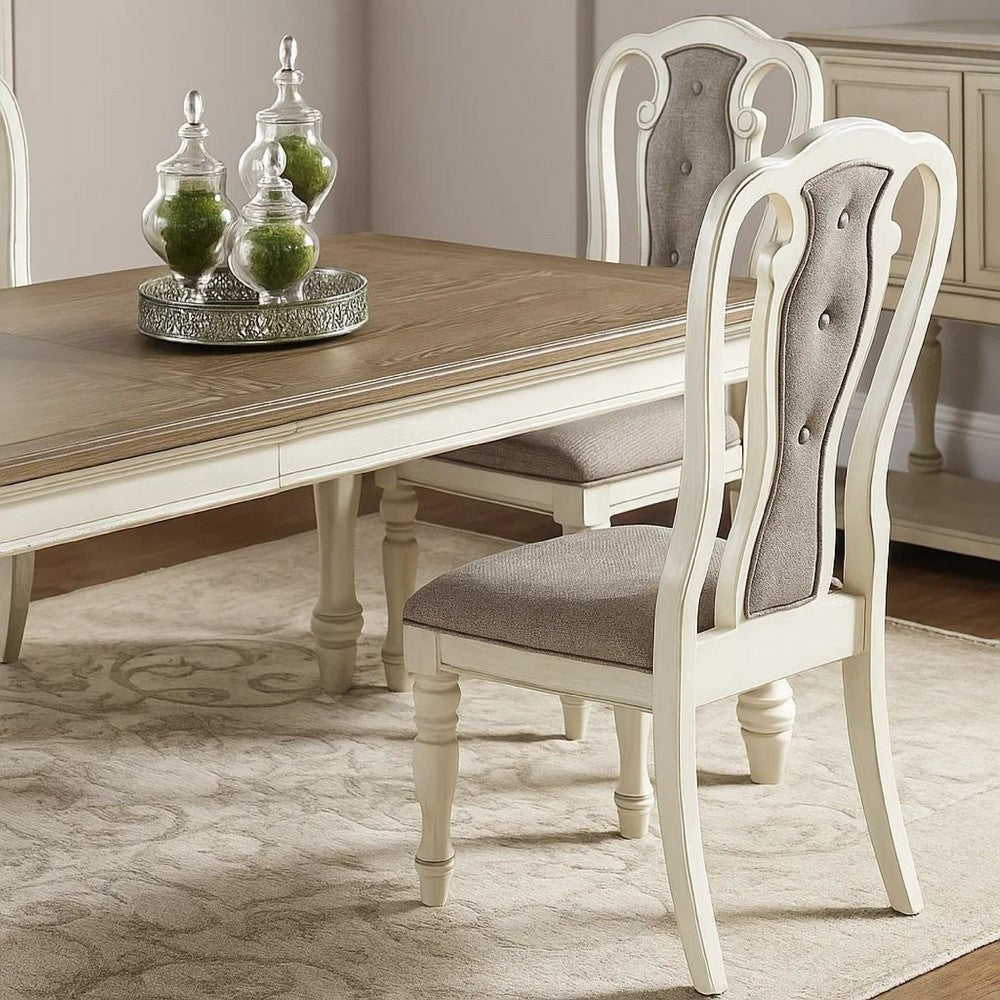 Benjara Dining Chair with Button Tufted Backrest, Padded Seat, Set of 2, White And Gray