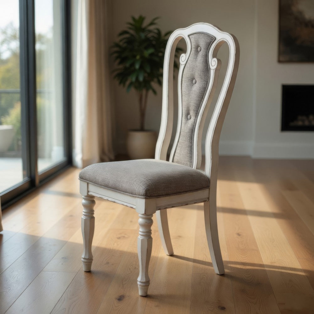Benjara Dining Chair with Button Tufted Backrest, Padded Seat, Set of 2, White And Gray