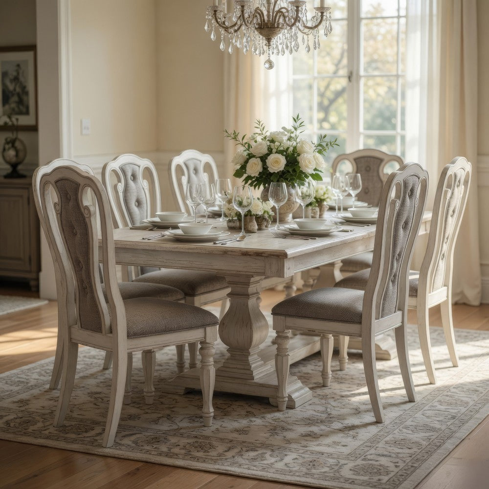 Benjara Dining Chair with Button Tufted Backrest, Padded Seat, Set of 2, White And Gray