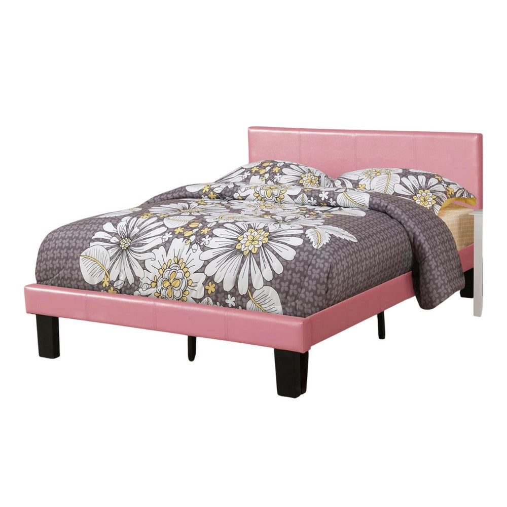 Benjara Traditional Wooden Full Bed with Faux Leather Upholstery, Pink
