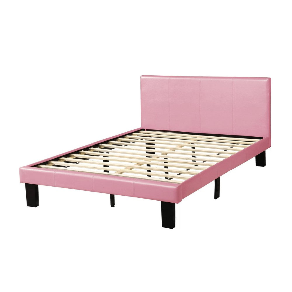 Benjara Traditional Wooden Full Bed with Faux Leather Upholstery, Pink