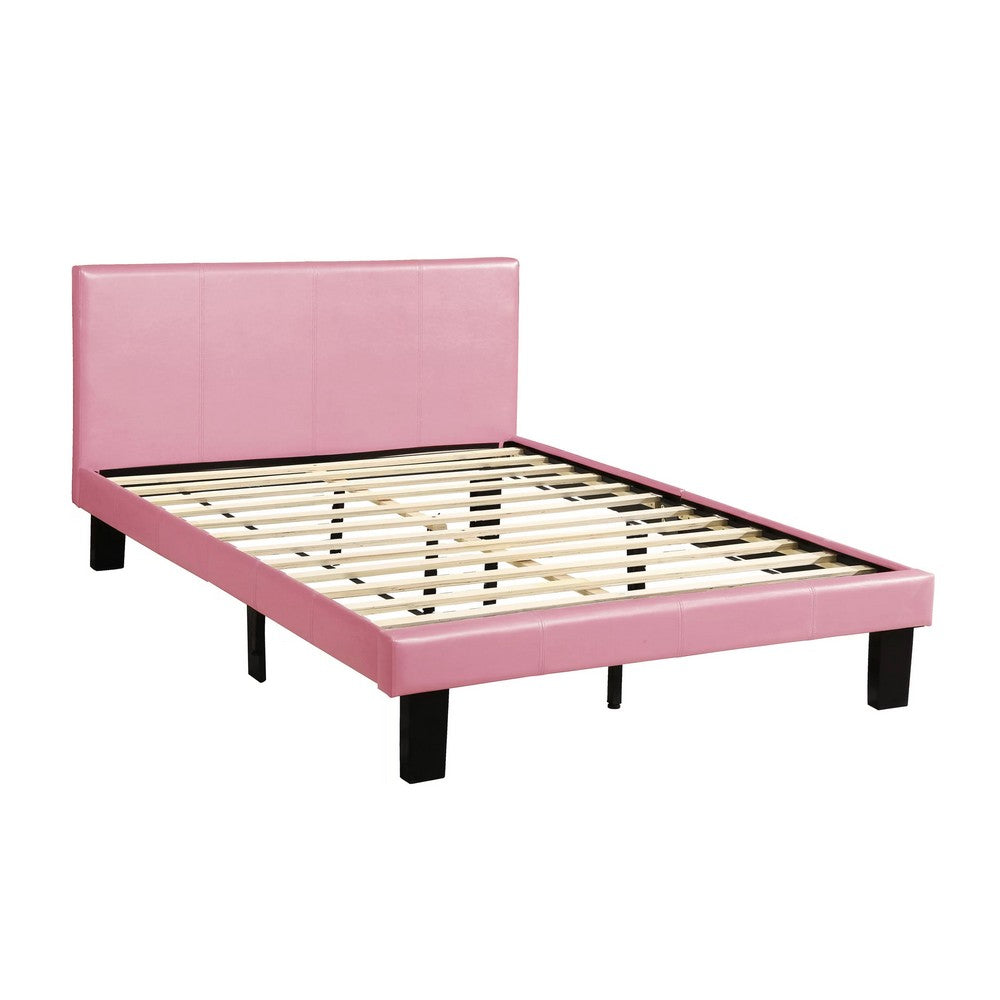 Benjara Traditional Wooden Full Bed with Faux Leather Upholstery, Pink