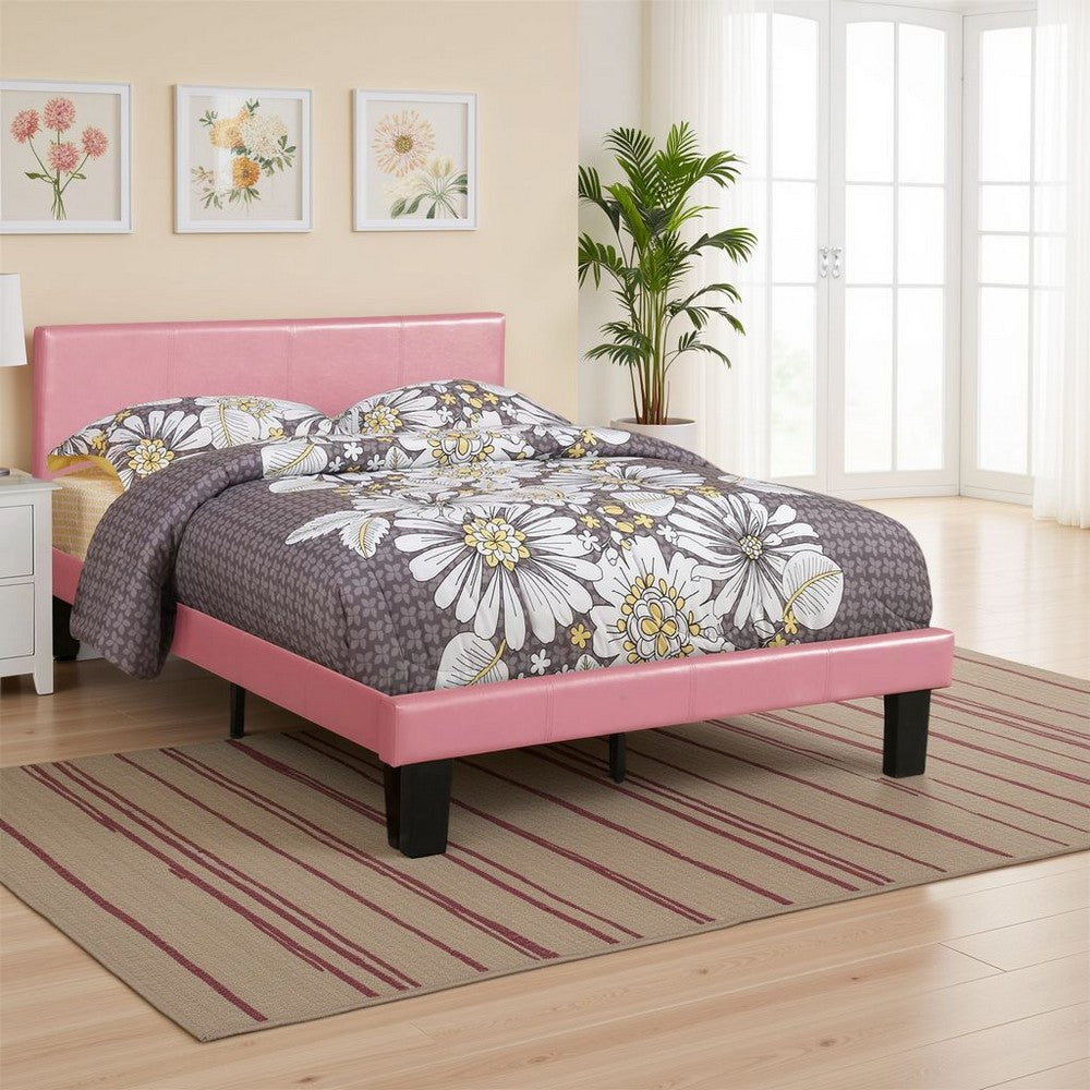 Benjara Traditional Wooden Full Bed with Faux Leather Upholstery, Pink