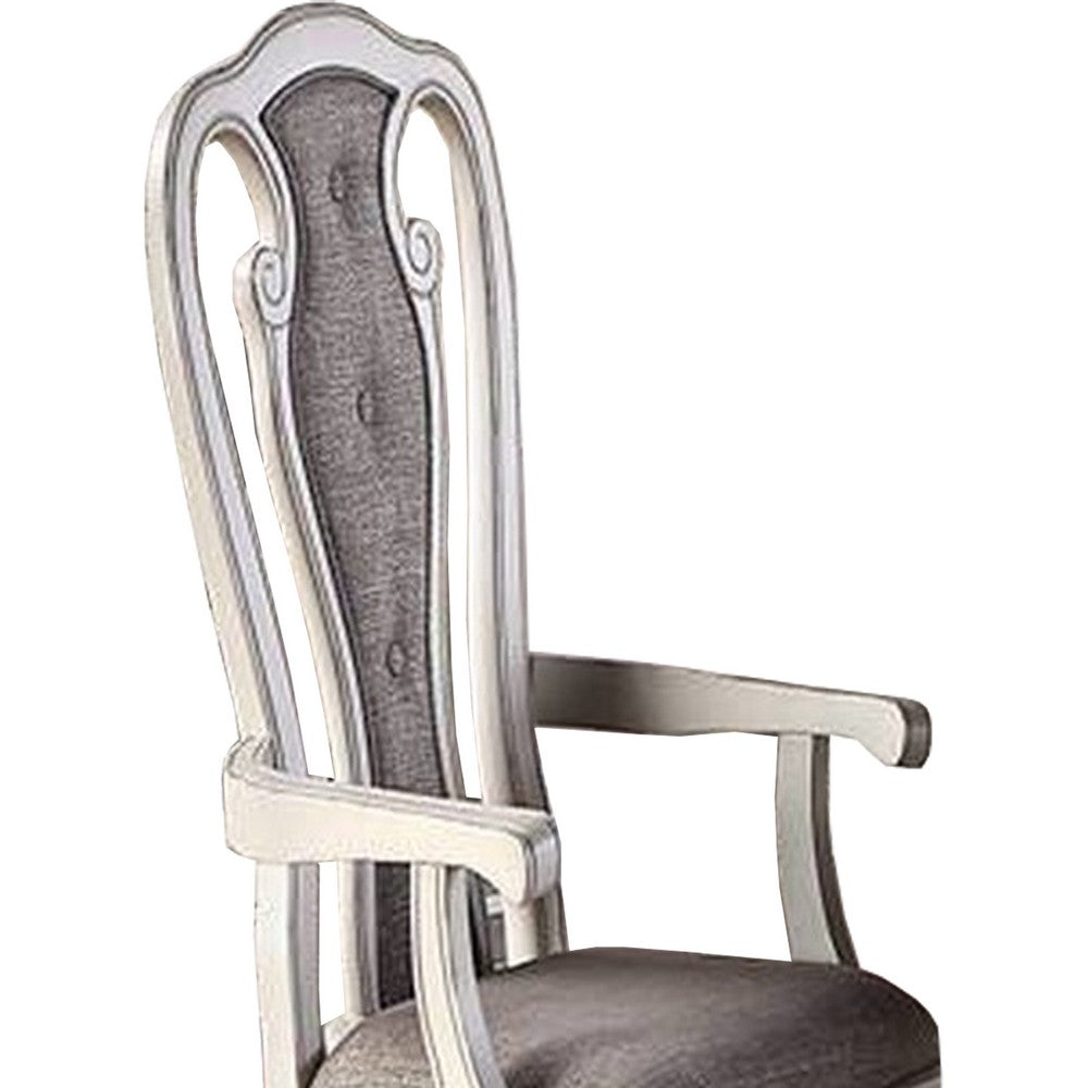 Benjara Wooden Arm Chair with Button Tufted Back, Set of 2, Cream And Gray
