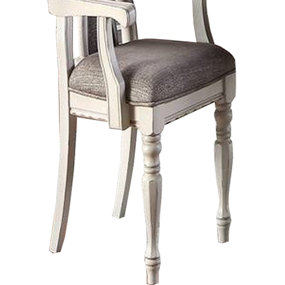 Benjara Wooden Arm Chair with Button Tufted Back, Set of 2, Cream And Gray