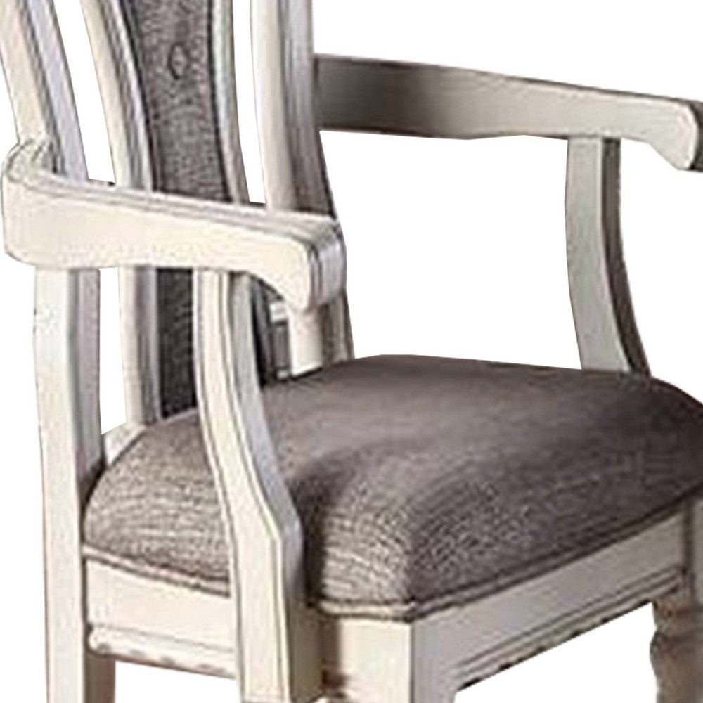 Benjara Wooden Arm Chair with Button Tufted Back, Set of 2, Cream And Gray