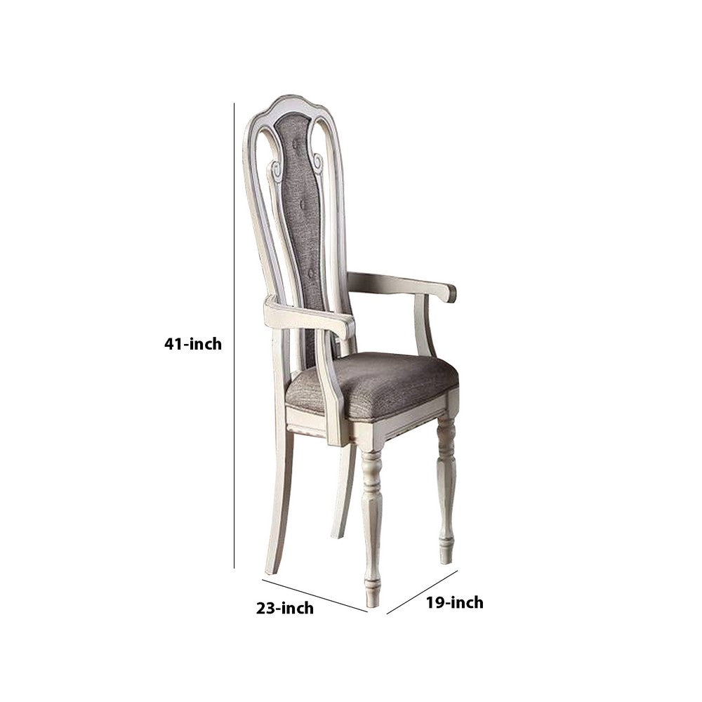 Benjara Wooden Arm Chair with Button Tufted Back, Set of 2, Cream And Gray