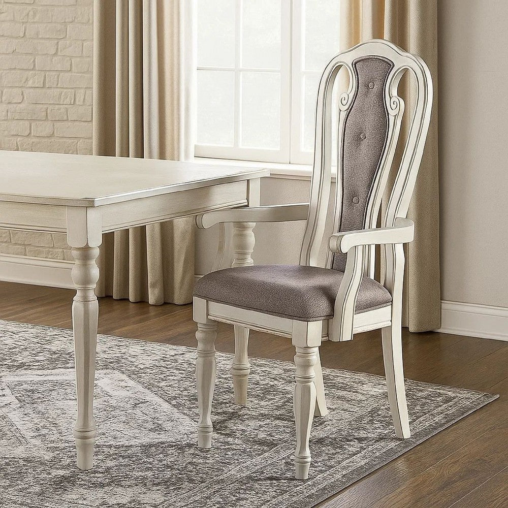 Benjara Wooden Arm Chair with Button Tufted Back, Set of 2, Cream And Gray