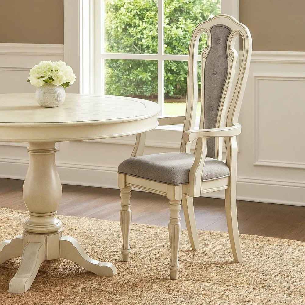 Benjara Wooden Arm Chair with Button Tufted Back, Set of 2, Cream And Gray