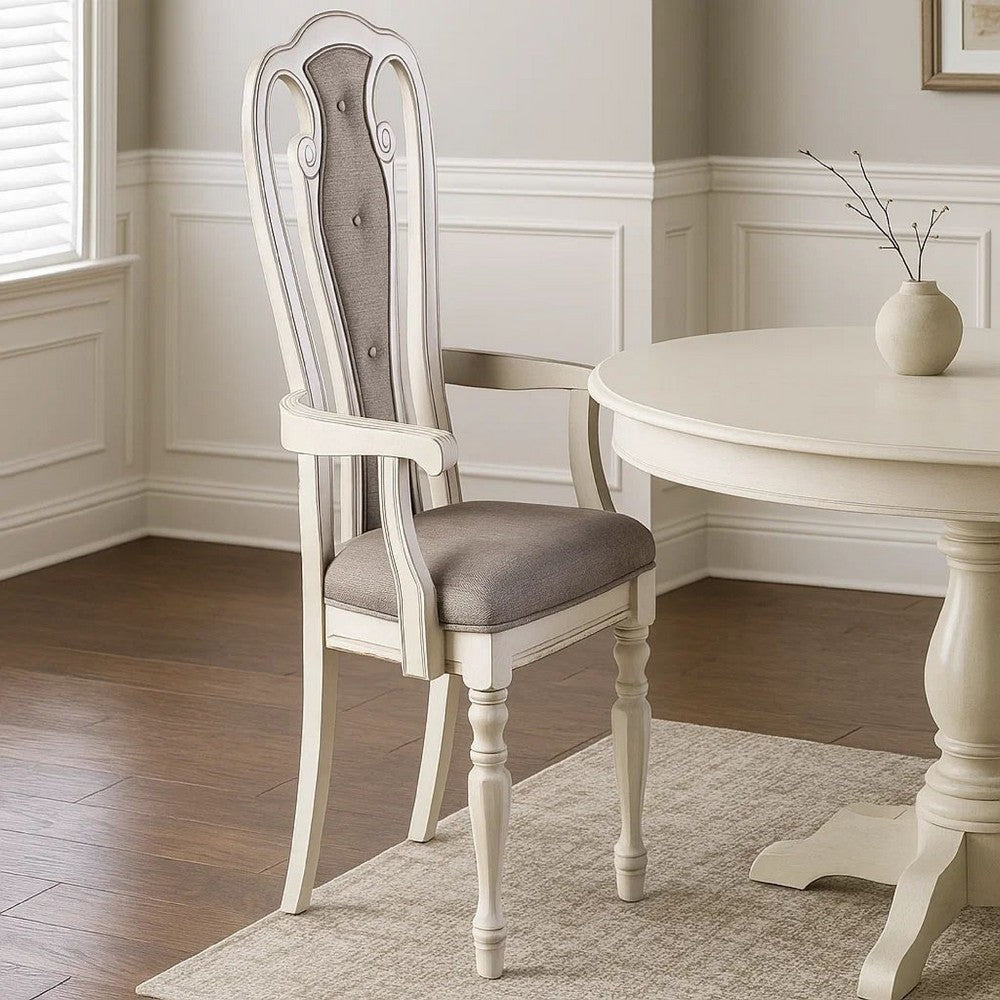 Benjara Wooden Arm Chair with Button Tufted Back, Set of 2, Cream And Gray