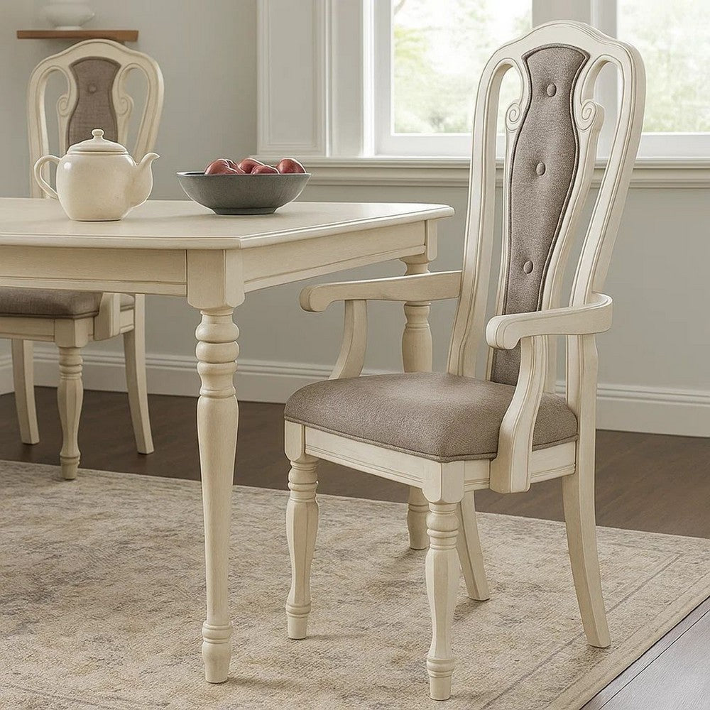 Benjara Wooden Arm Chair with Button Tufted Back, Set of 2, Cream And Gray