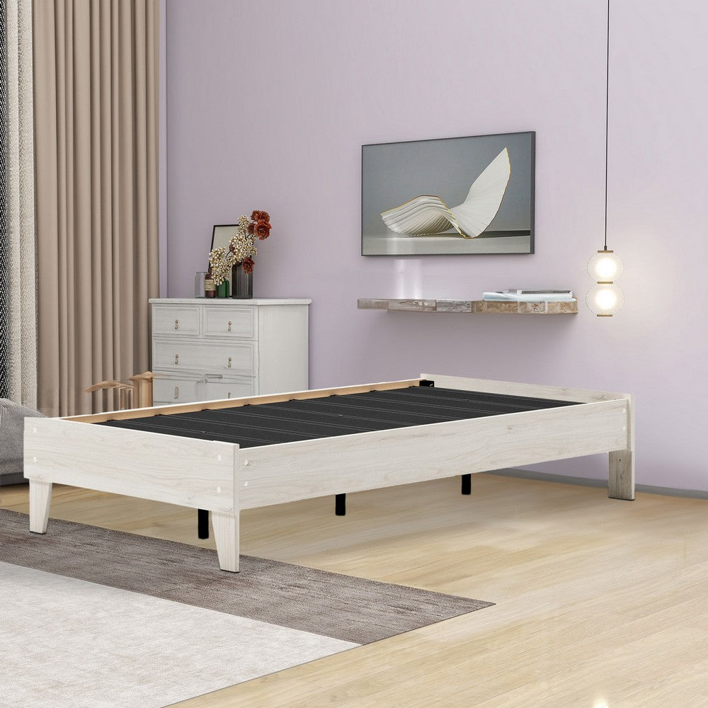 Benjara Wooden Twin Platform Bed With Grains, Off White