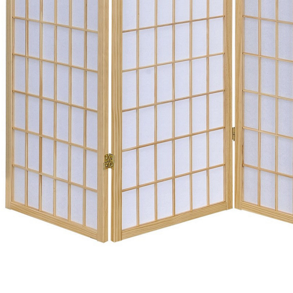 Benjara 3 Panel Foldable Wooden Frame Room Divider With Grid Design, Brown