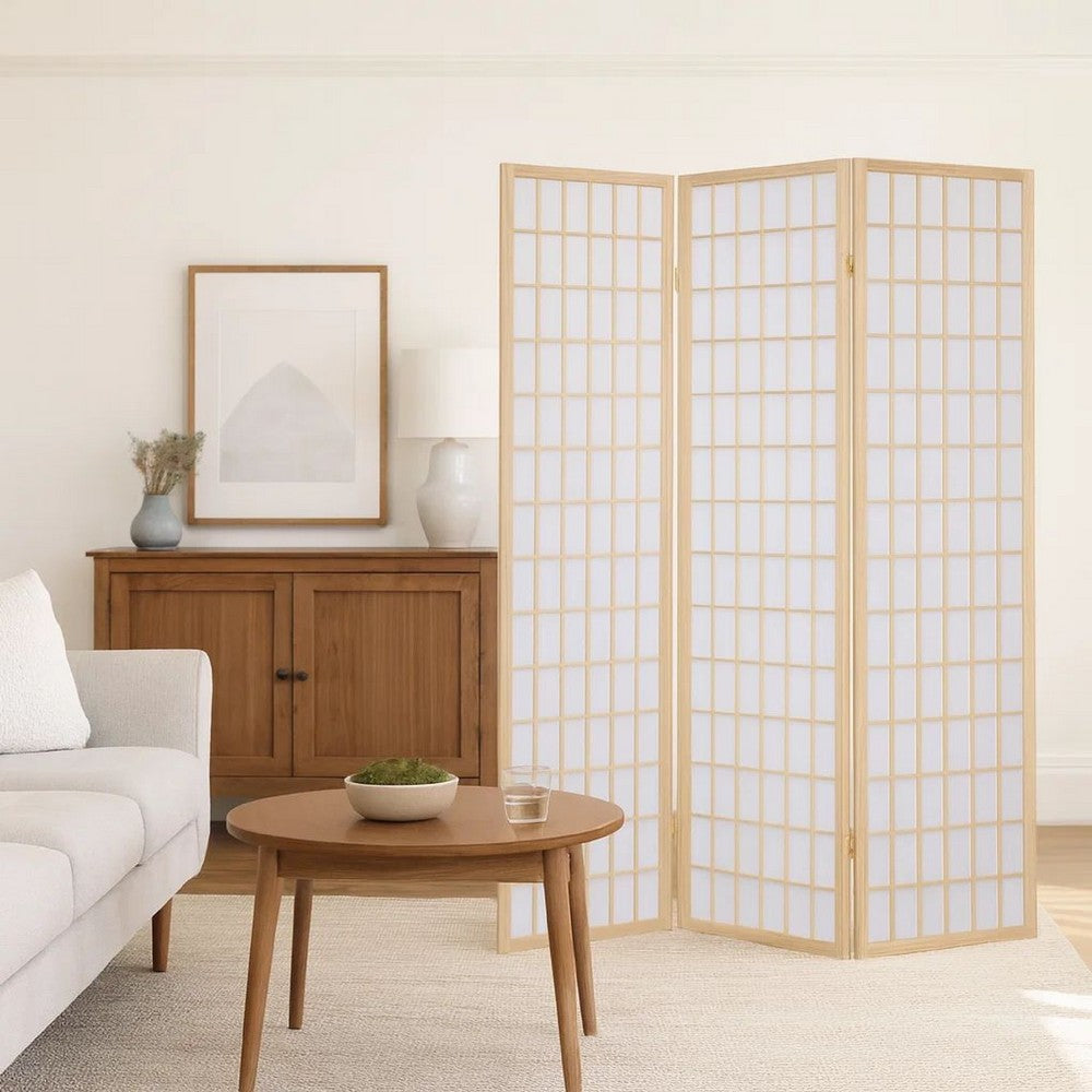 Benjara 3 Panel Foldable Wooden Frame Room Divider With Grid Design, Brown