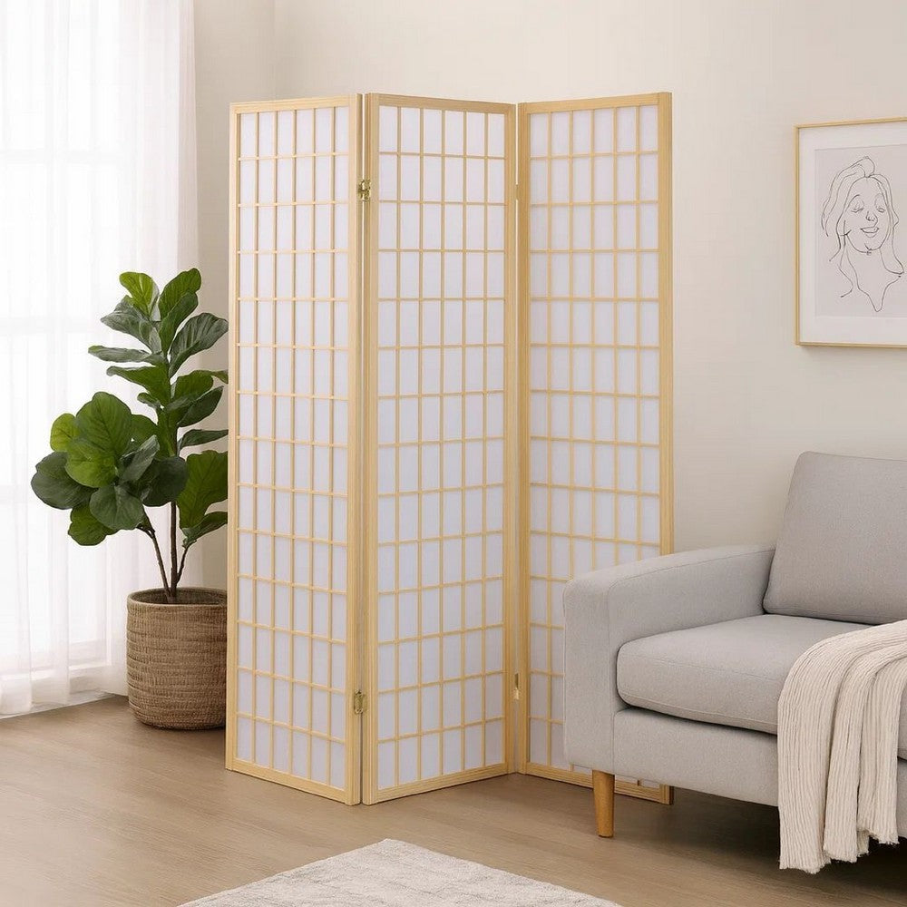 Benjara 3 Panel Foldable Wooden Frame Room Divider With Grid Design, Brown