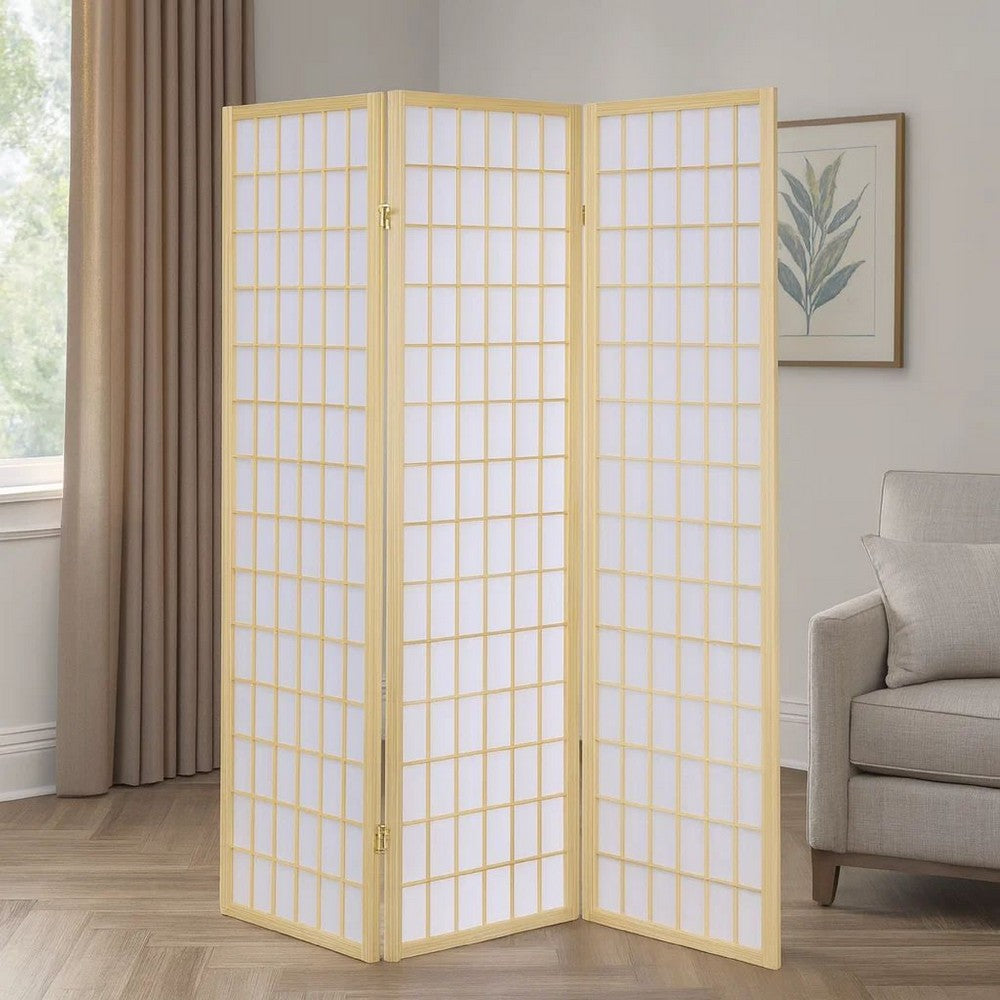 Benjara 3 Panel Foldable Wooden Frame Room Divider With Grid Design, Brown