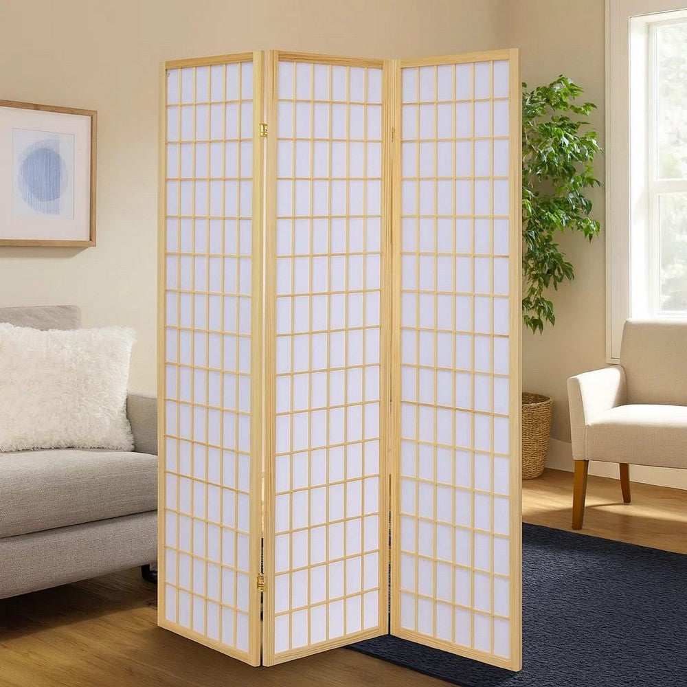 Benjara 3 Panel Foldable Wooden Frame Room Divider With Grid Design, Brown