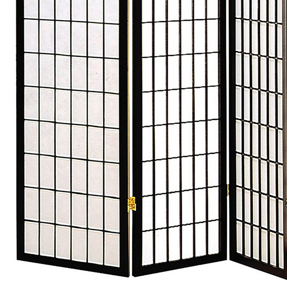 Benjara 4 Panel Foldable Wooden Frame Room Divider With Grid Design, Black