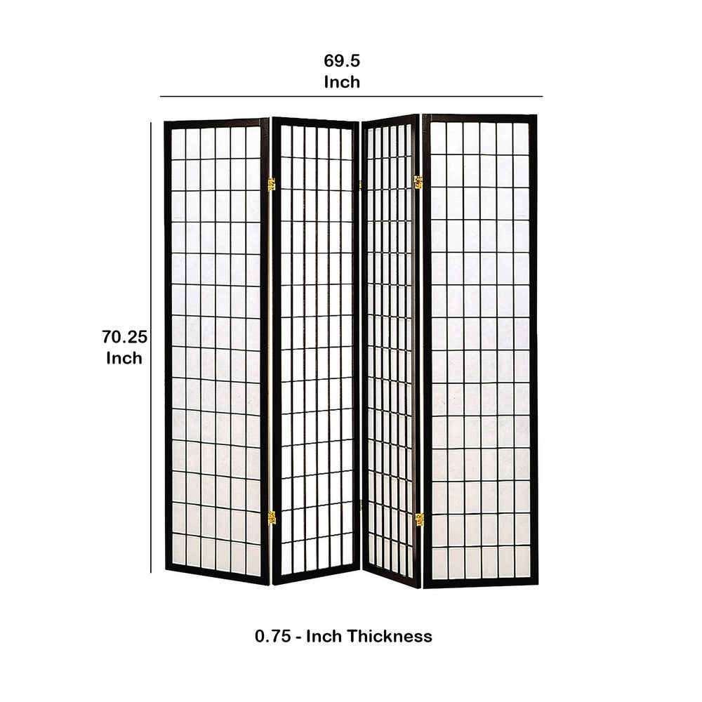 Benjara 4 Panel Foldable Wooden Frame Room Divider With Grid Design, Black