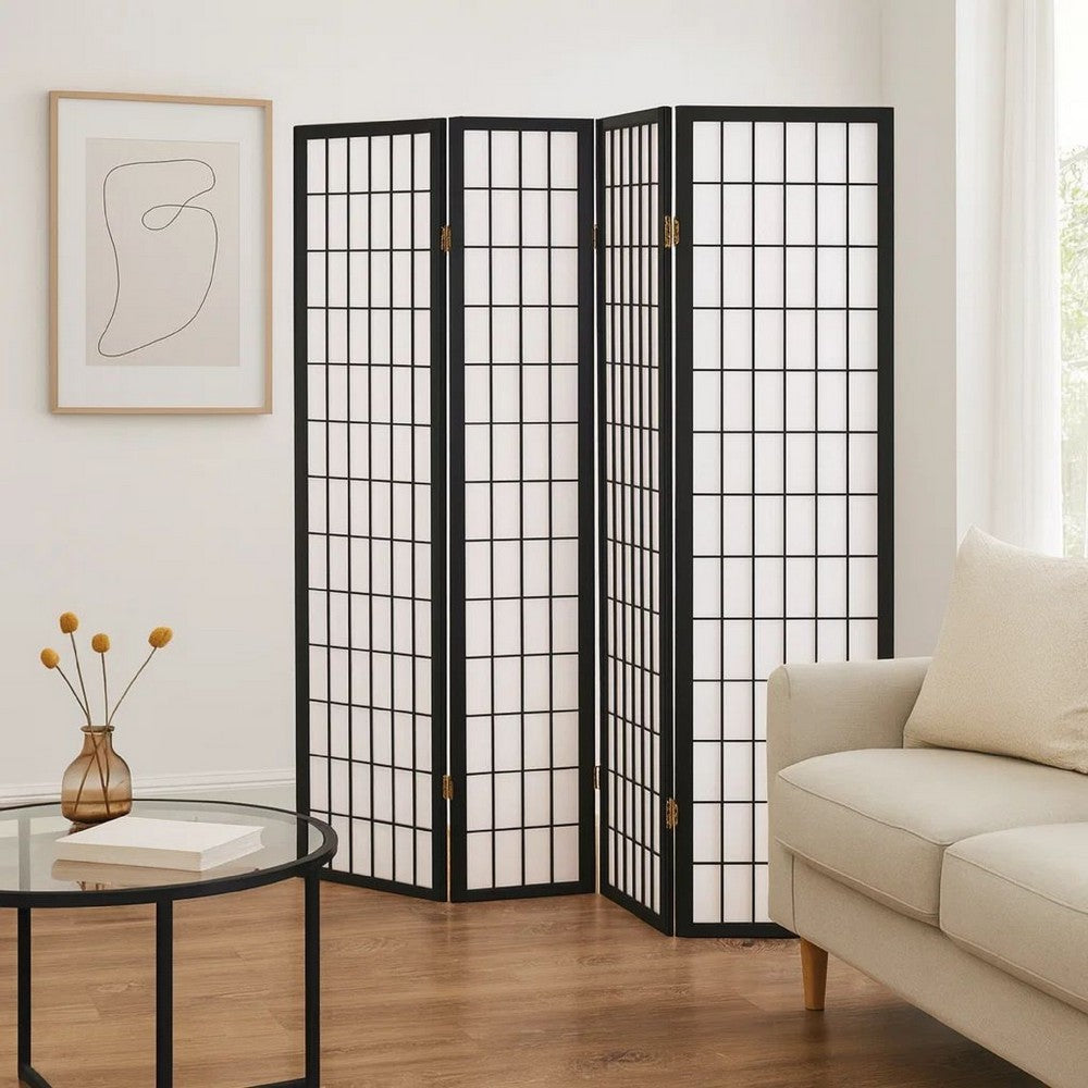 Benjara 4 Panel Foldable Wooden Frame Room Divider With Grid Design, Black