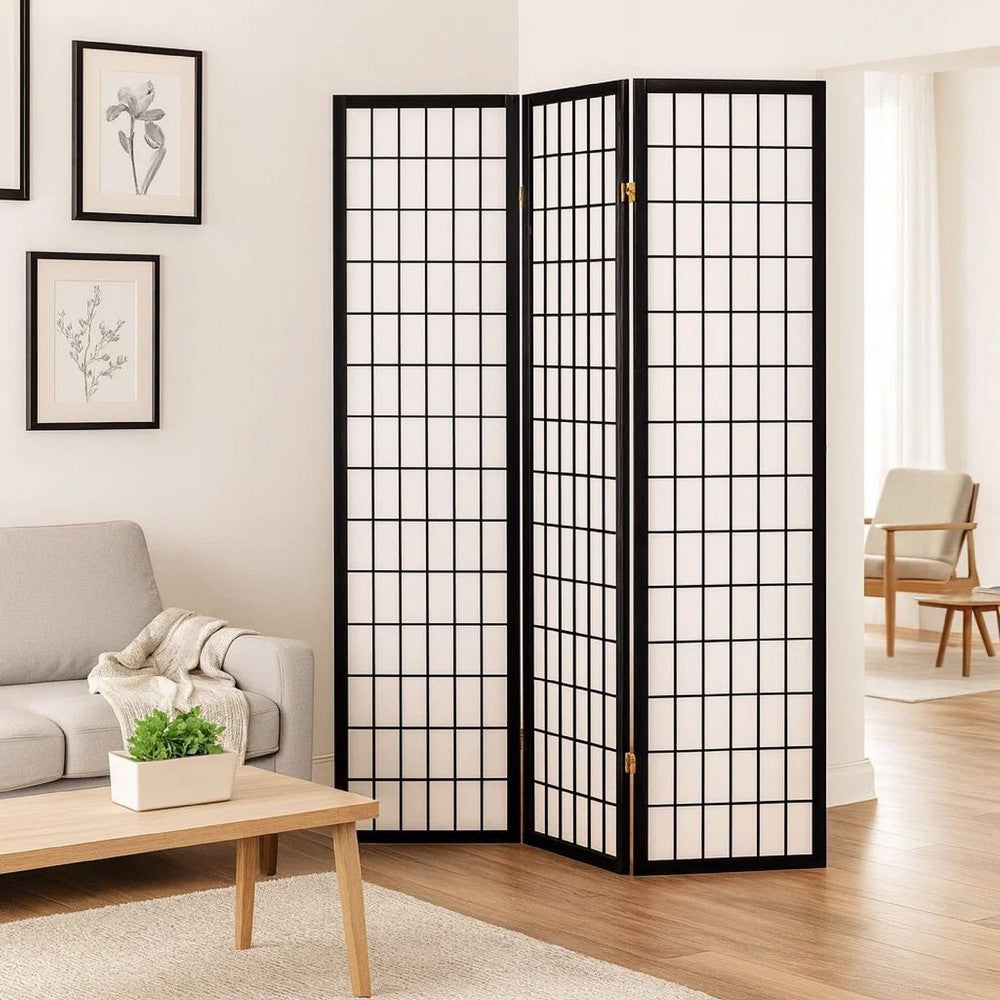 Benjara 4 Panel Foldable Wooden Frame Room Divider With Grid Design, Black