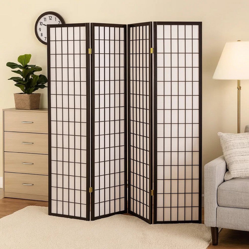 Benjara 4 Panel Foldable Wooden Frame Room Divider With Grid Design, Black
