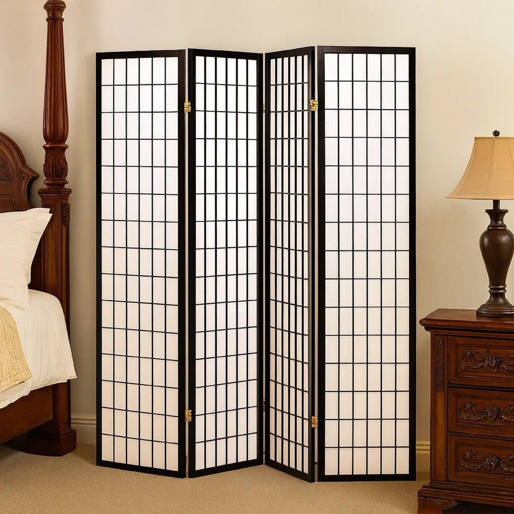 Benjara 4 Panel Foldable Wooden Frame Room Divider With Grid Design, Black