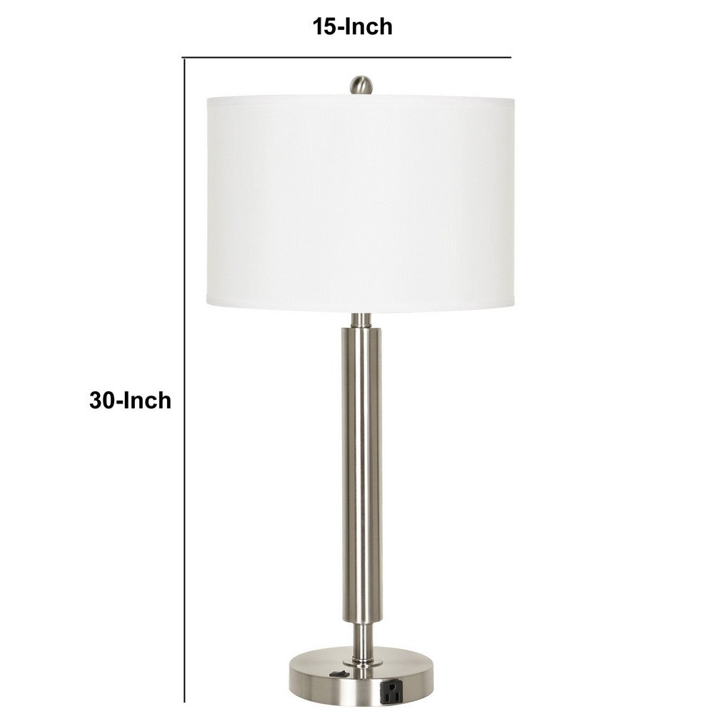 Benjara Metal Table Lamp with Fabric Drum Shade, White And Silver