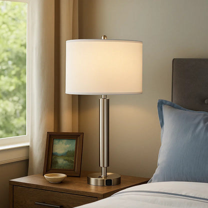 Benjara Metal Table Lamp with Fabric Drum Shade, White And Silver