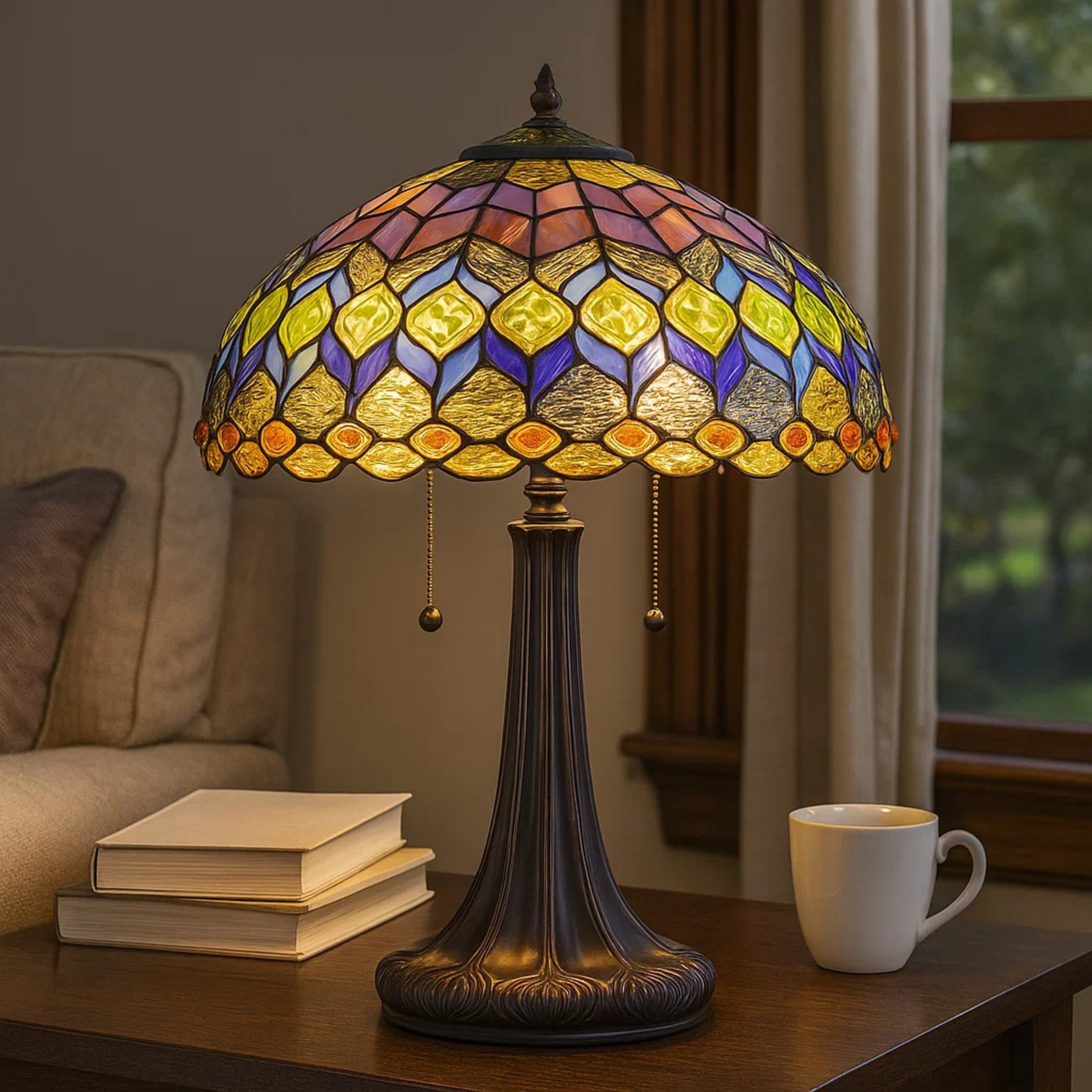 Benjara 120 Watt Tiffany Table Lamp with Engraved Base, Multicolor
