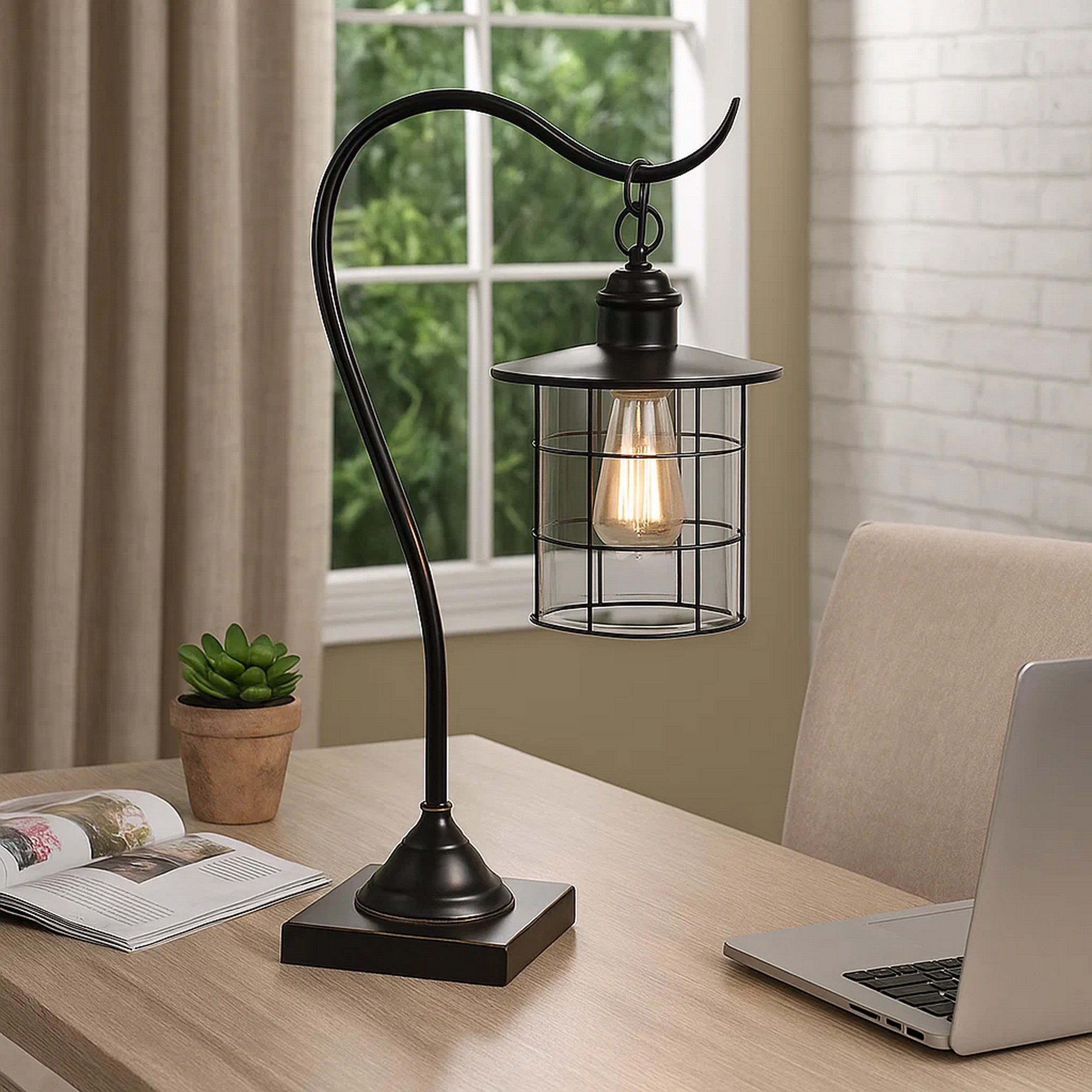 Benjara 25 Inch Metal Downbridge Design Desk Lamp With Caged Shade, Dark Bronze