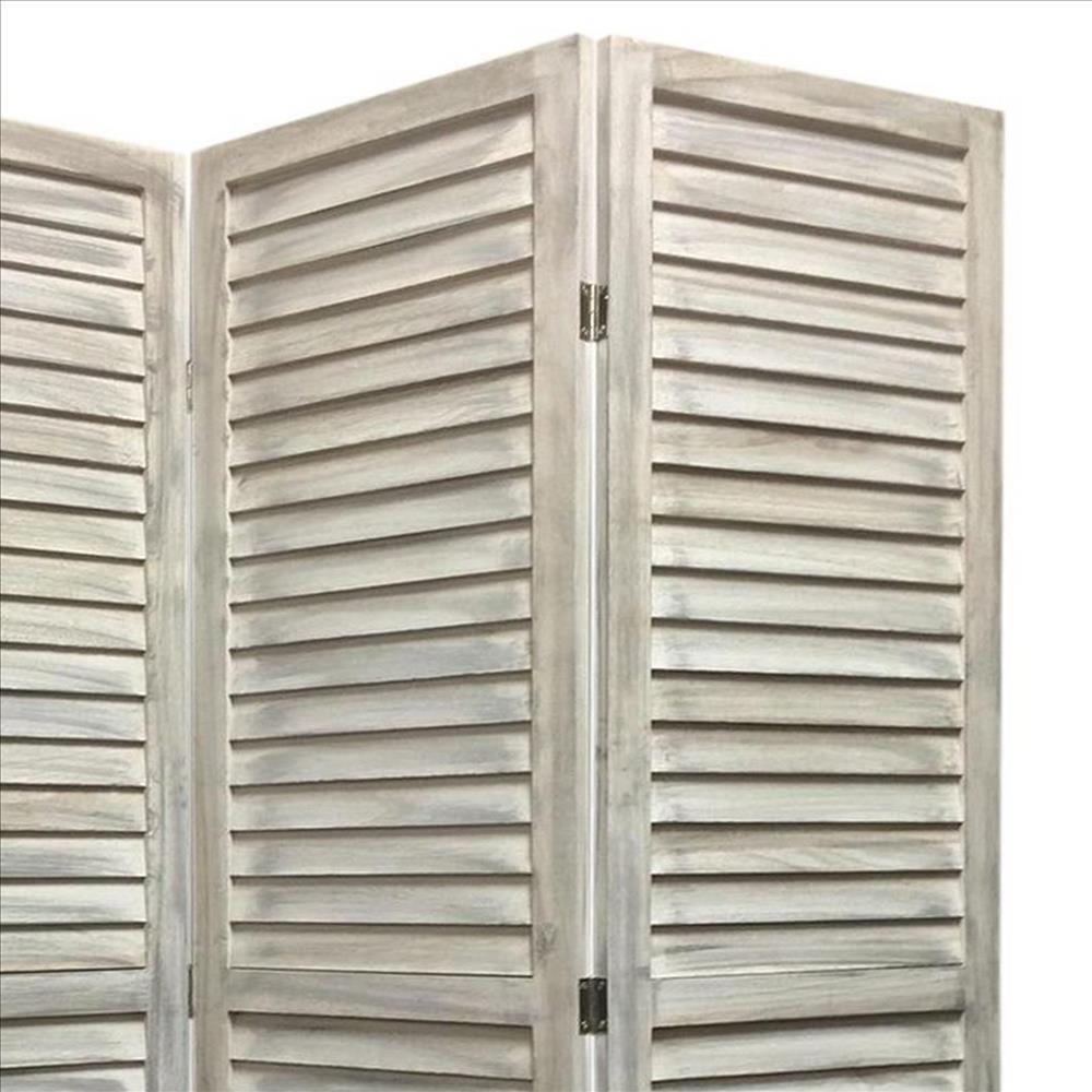 Benjara 67 Inch 3 Panel Shutter Screen With Fitted Slats, Weathered White