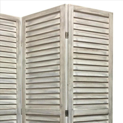 Benjara 67 Inch 3 Panel Shutter Screen With Fitted Slats, Weathered White