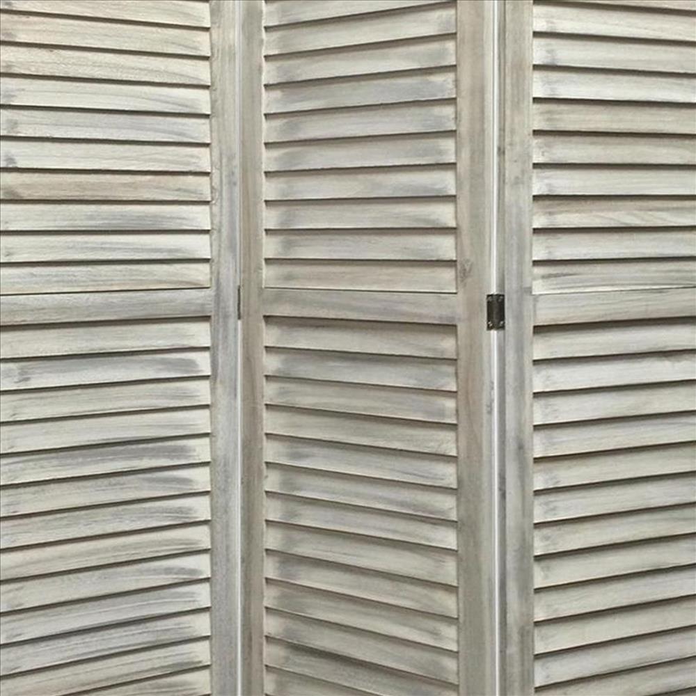 Benjara 67 Inch 3 Panel Shutter Screen With Fitted Slats, Weathered White