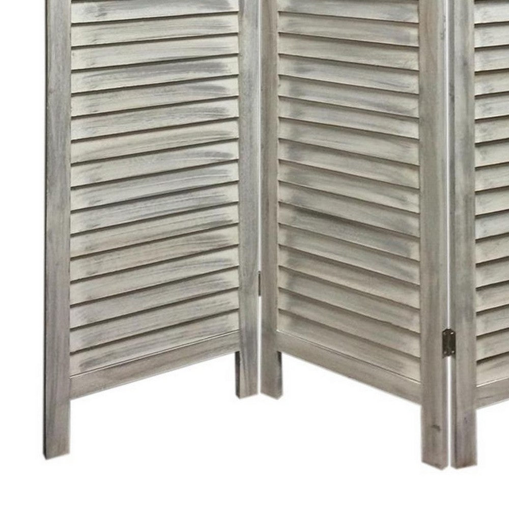 Benjara 67 Inch 3 Panel Shutter Screen With Fitted Slats, Weathered White