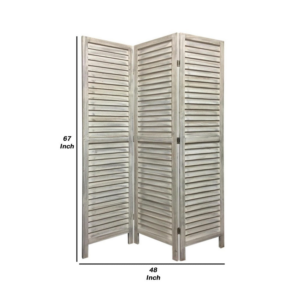 Benjara 67 Inch 3 Panel Shutter Screen With Fitted Slats, Weathered White