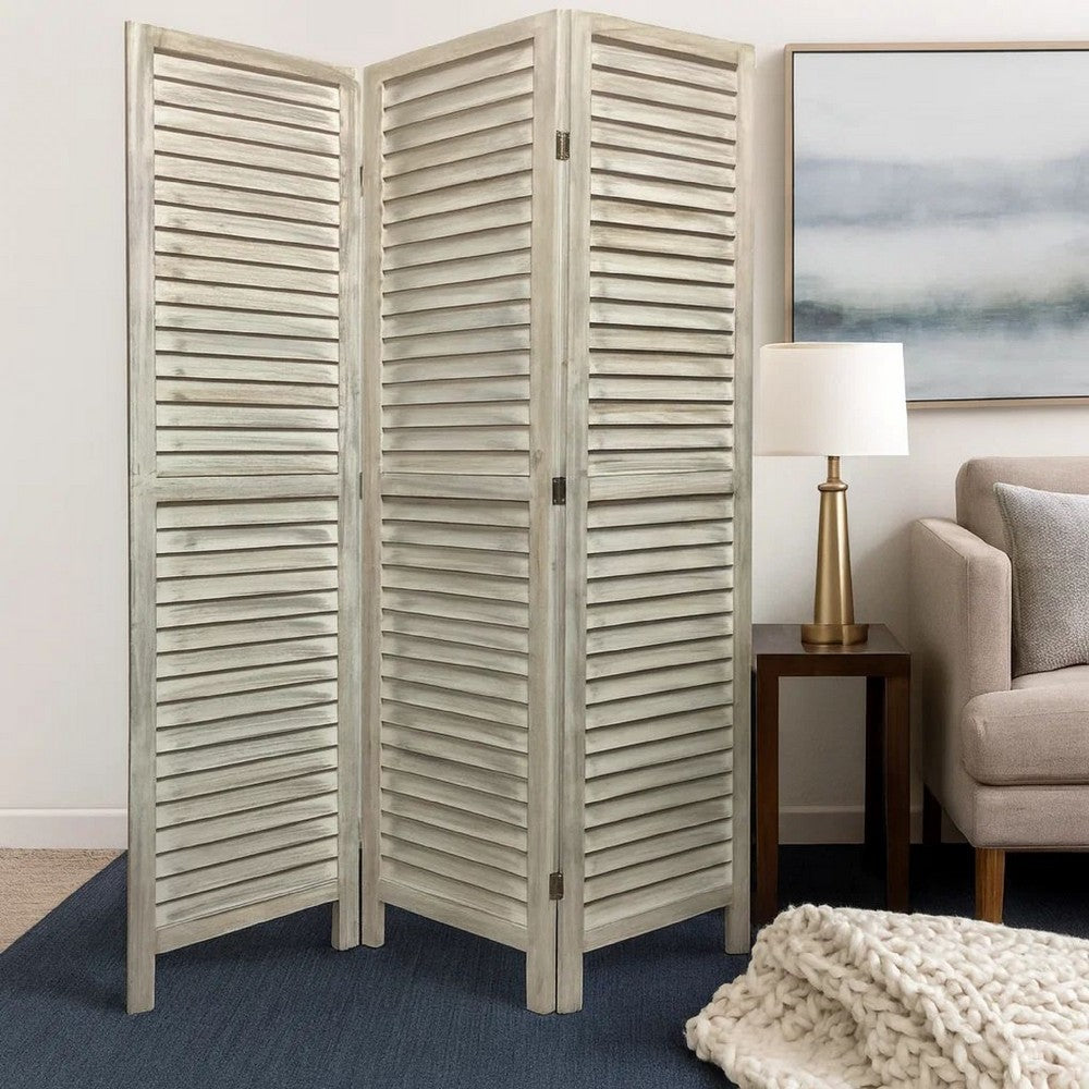 Benjara 67 Inch 3 Panel Shutter Screen With Fitted Slats, Weathered White