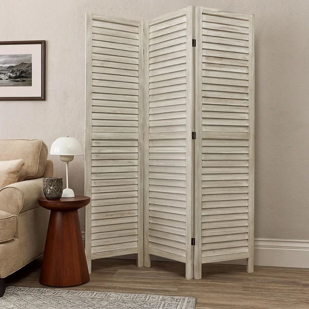 Benjara 67 Inch 3 Panel Shutter Screen With Fitted Slats, Weathered White