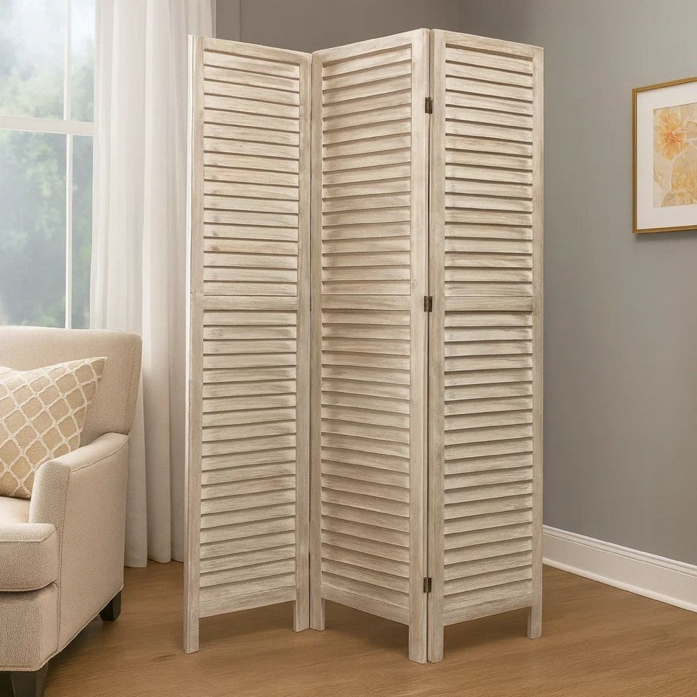 Benjara 67 Inch 3 Panel Shutter Screen With Fitted Slats, Weathered White