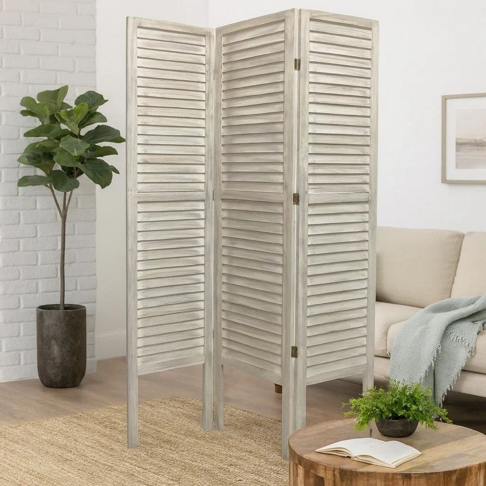 Benjara 67 Inch 3 Panel Shutter Screen With Fitted Slats, Weathered White