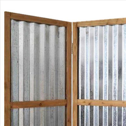 Benjara Industrial 3 Panel Foldable Screen With Corrugated Design,Silver And Brown