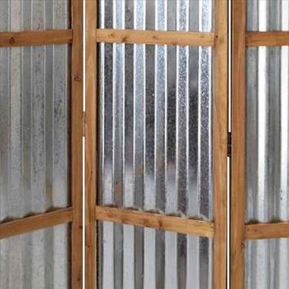 Benjara Industrial 3 Panel Foldable Screen With Corrugated Design,Silver And Brown