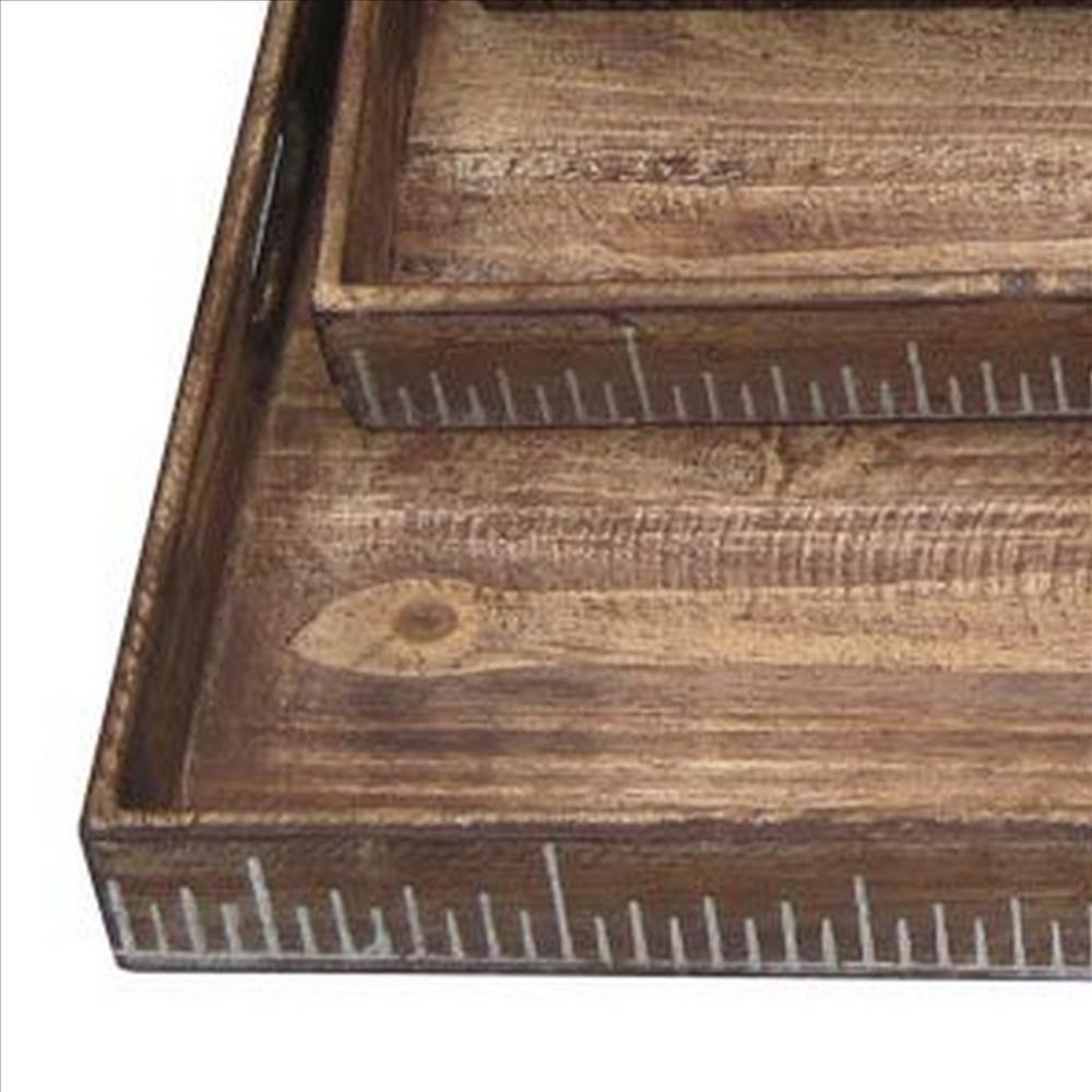 Benjara Rough Sawn Textured Rectangular Wooden Ruler Tray, Set Of 3, Brown