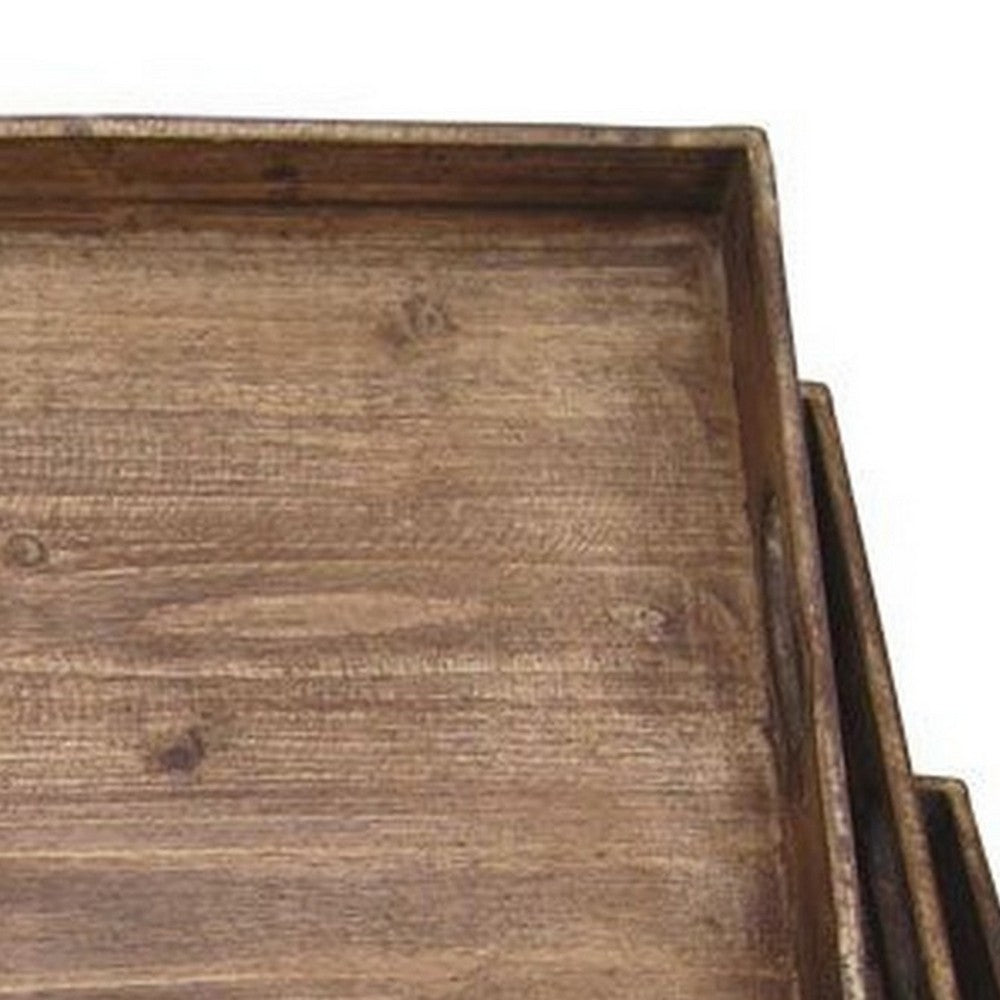 Benjara Rough Sawn Textured Rectangular Wooden Ruler Tray, Set Of 3, Brown